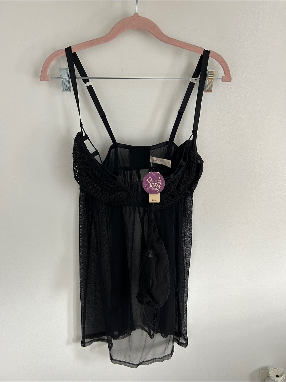 Cacique Black Mesh Babydoll G String Panty Set